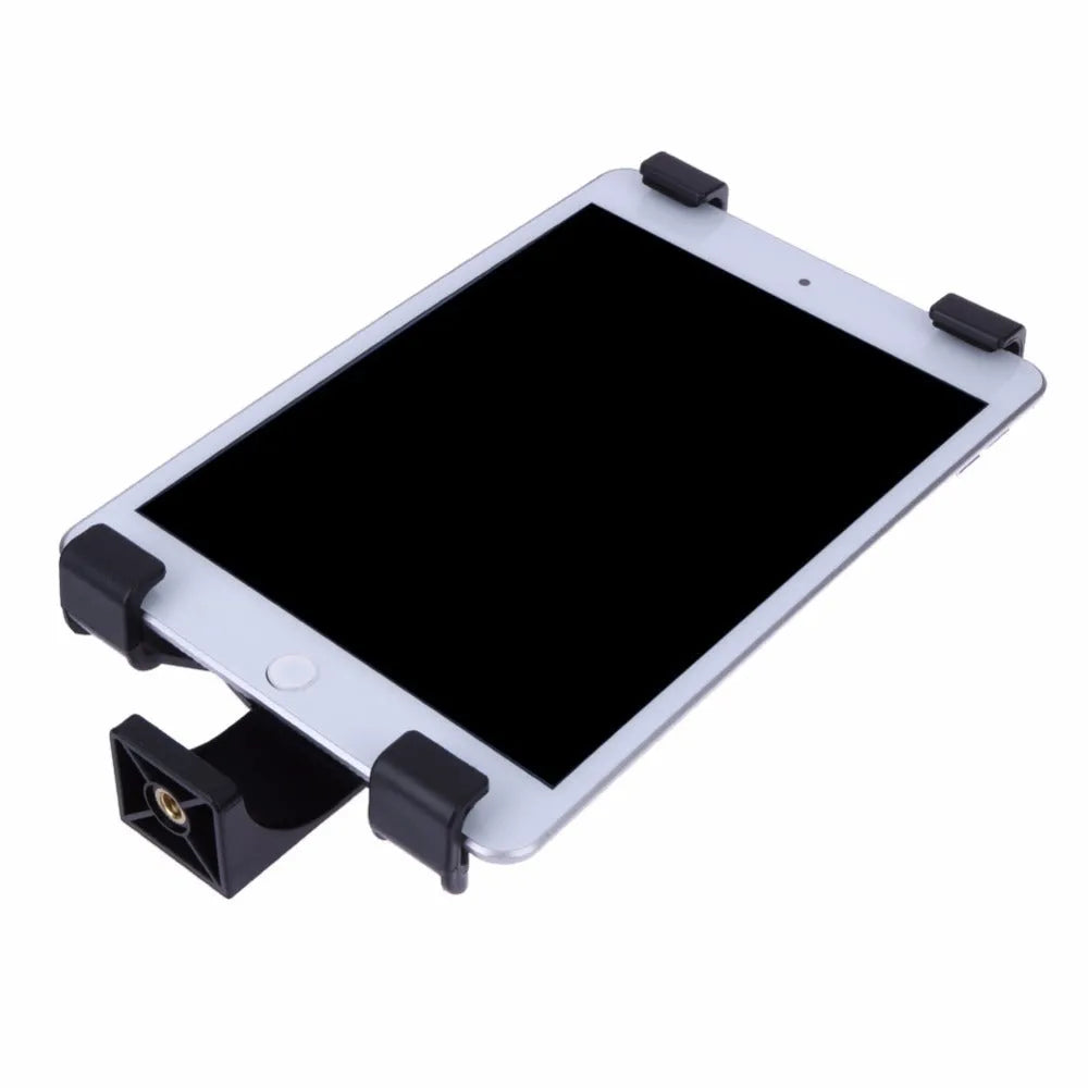 Black ABS tablet stand with 1/4 inch screw mount, adjustable width 12.5-20cm, on a tripod