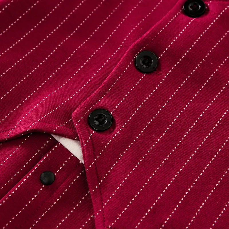 Wine red long sleeve cotton romper suit for a baby boy, shown in a gentleman style.