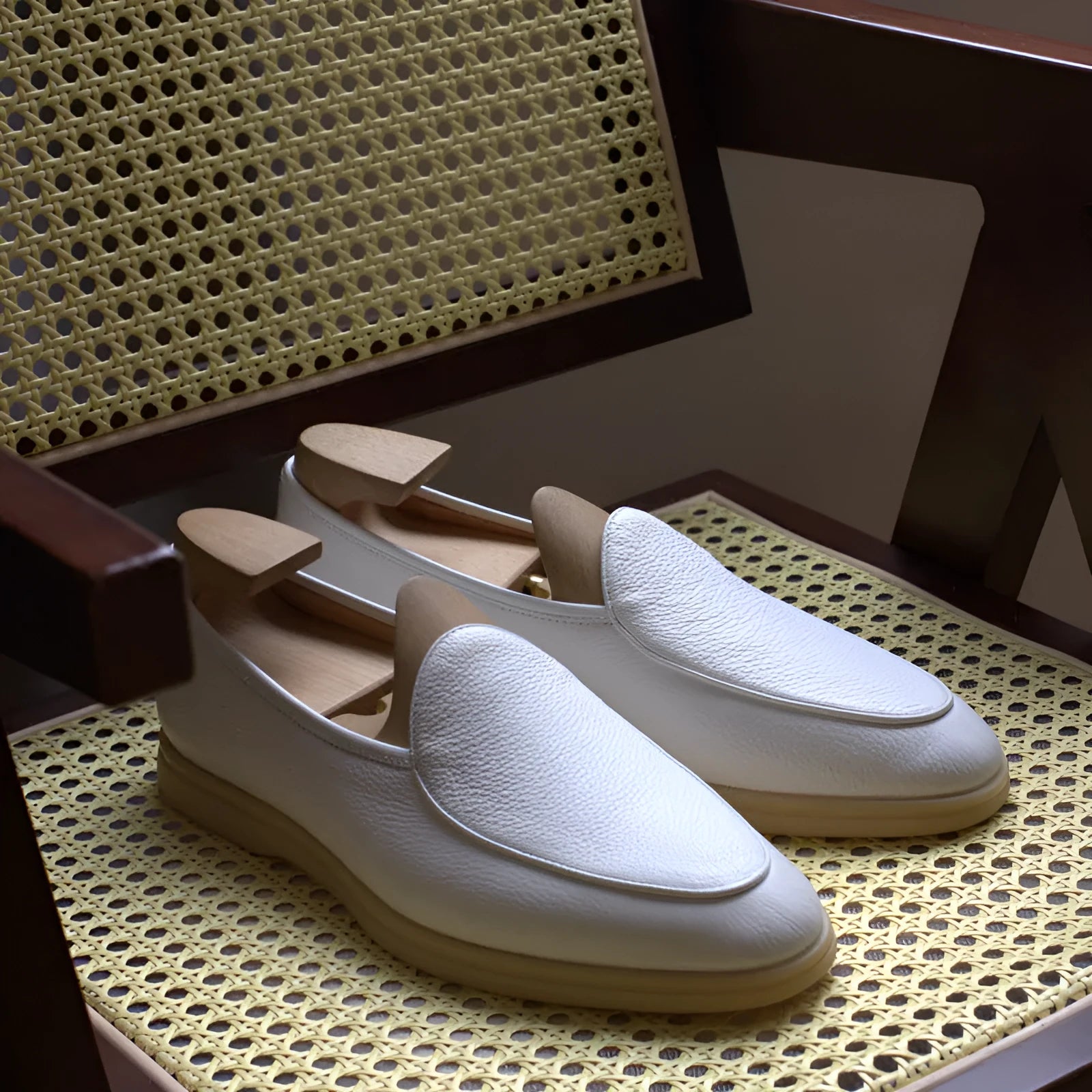 Men's handmade leather loafers in brown with a low tube design and TPR sole