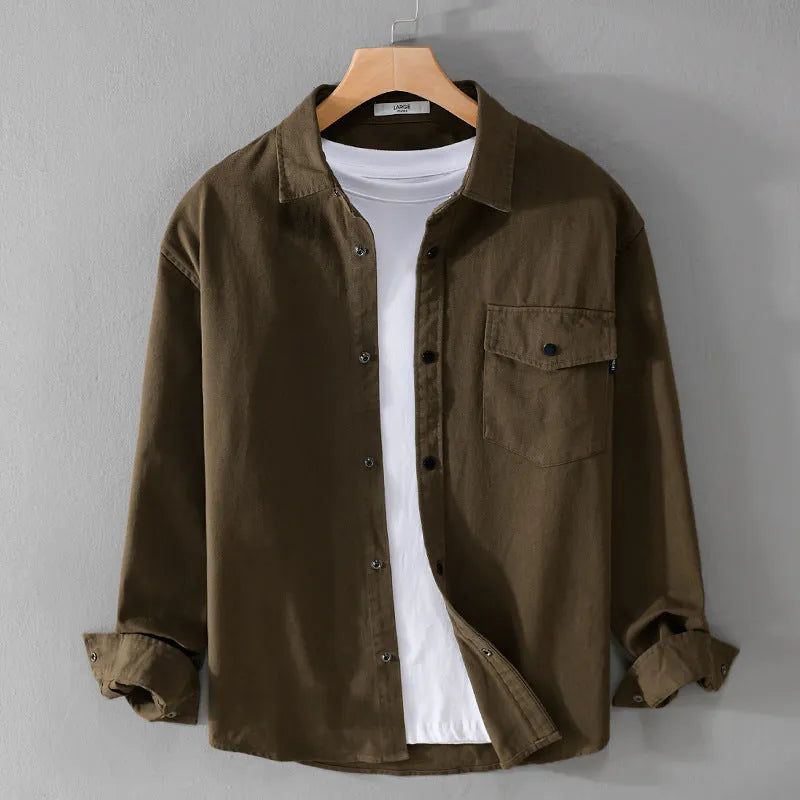 Men's long sleeve cotton workwear shirt in green, cardigan style, American retro casual wear