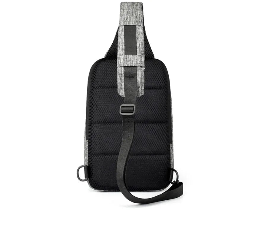 Dark blue Oxford cloth waterproof chest bag with zipper and outer pocket, shown with a phone inside.