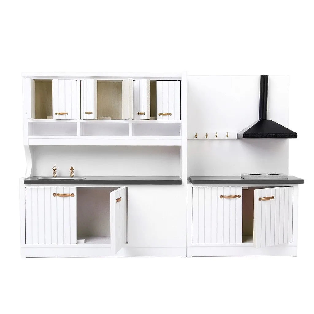 Two-piece white dollhouse kitchen cabinets with working doors and metal handles