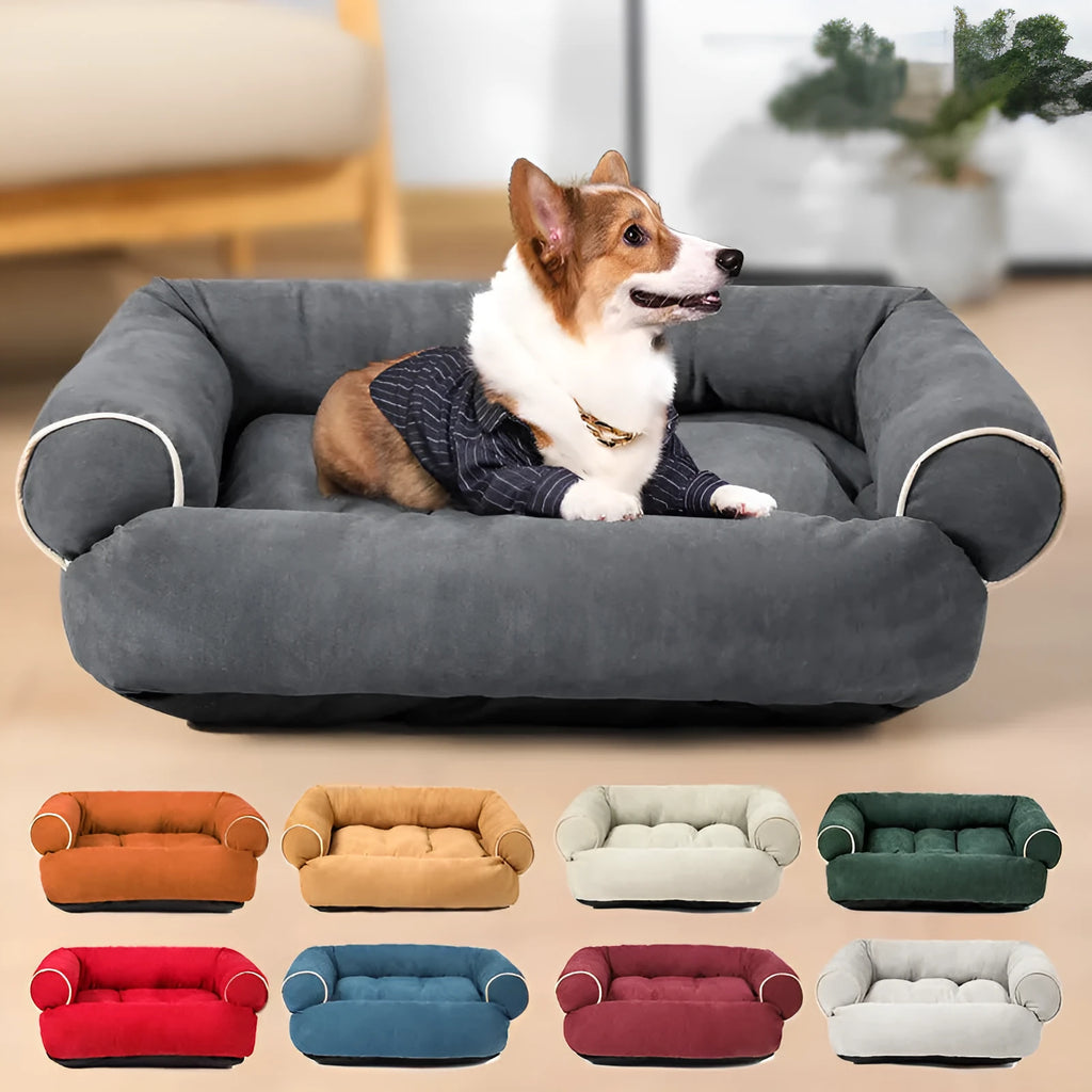 Dog sofa bed with plush surface and high-elastic PP cotton padding in khaki colour