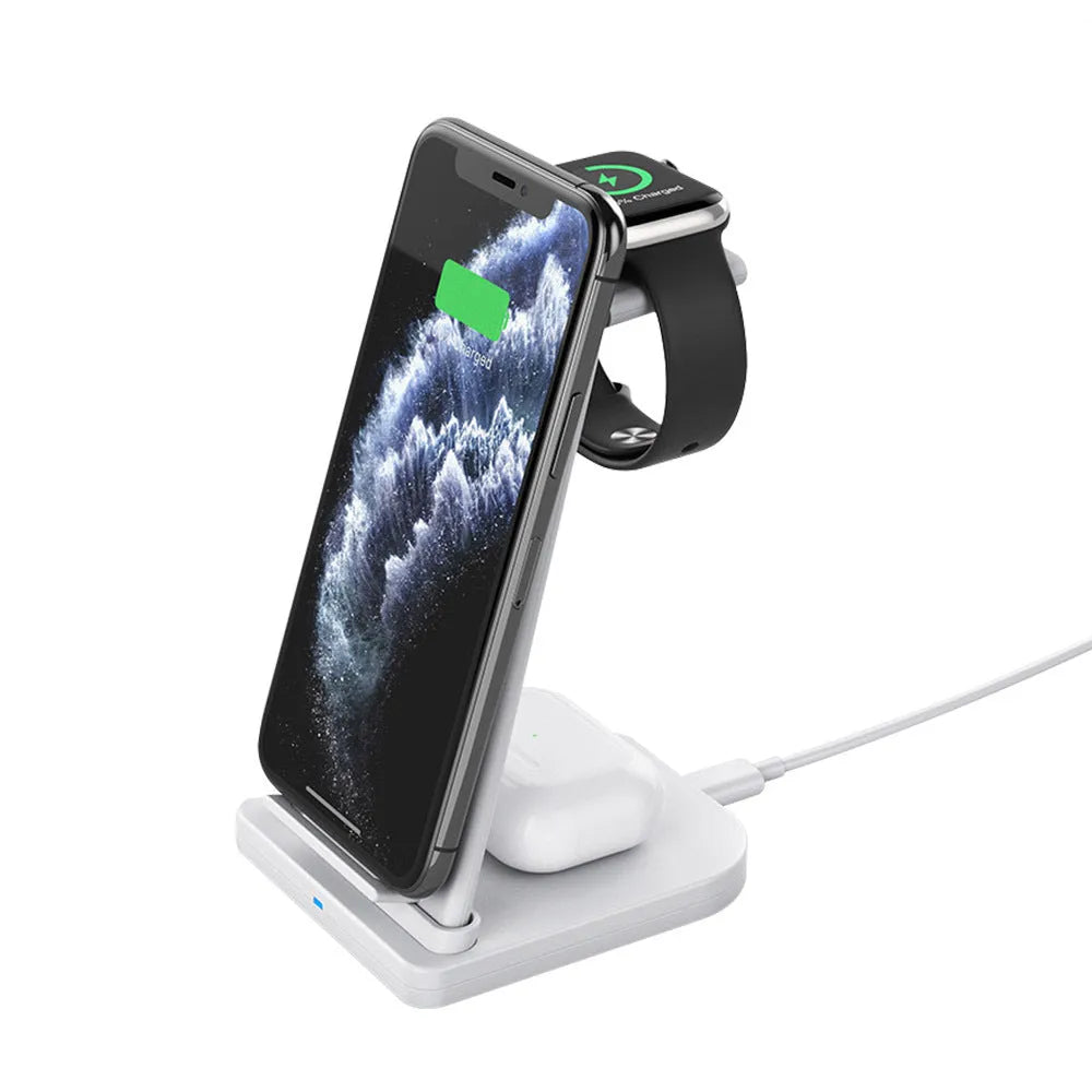 Foldable 3-in-1 wireless charger for phone, headphones and watch showing charging pads and 120cm USB cable