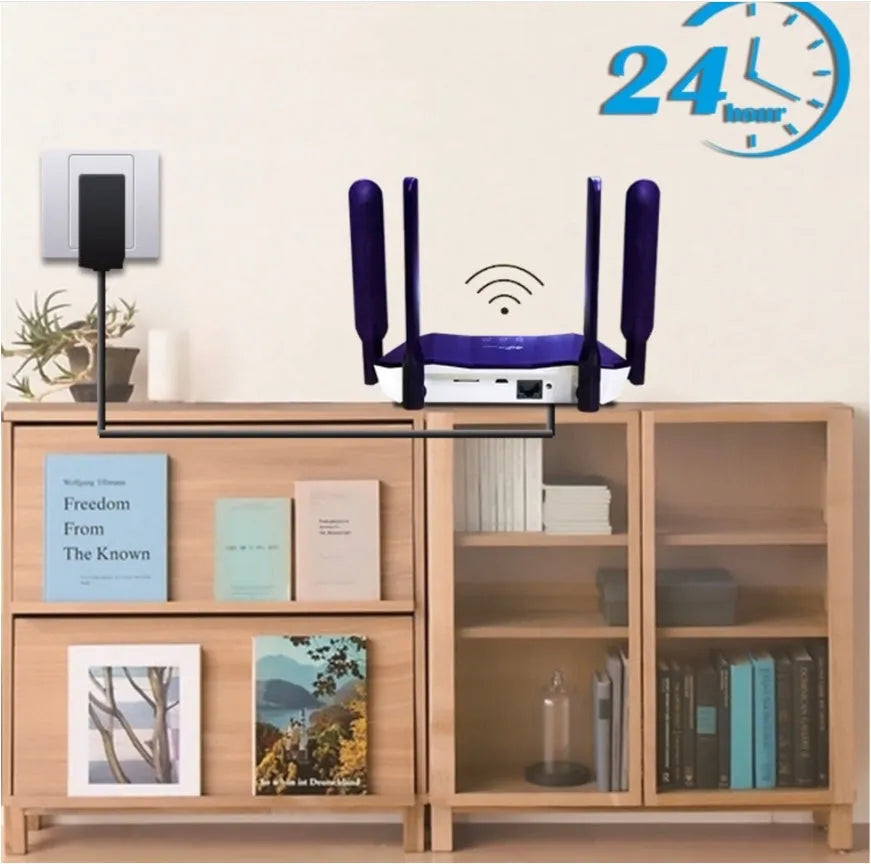 Blue 4G dual-mode wireless router with four external antennas on a white background.