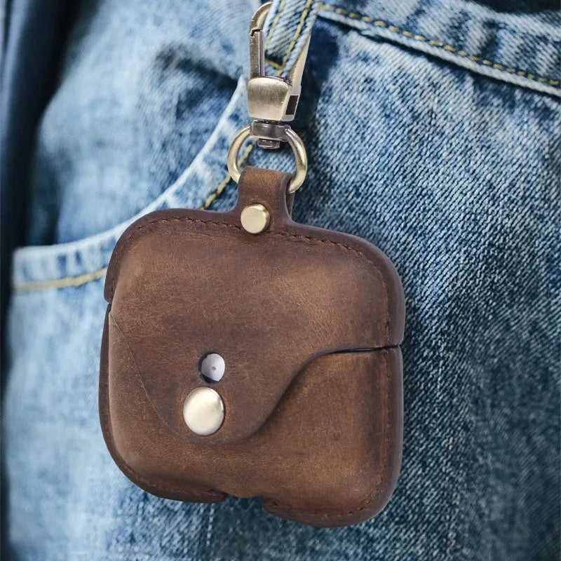 Brown leather clamshell case for AirPods Pro with a vintage crazy horse texture.