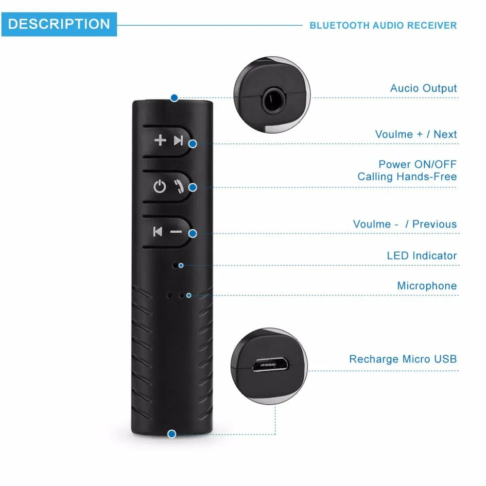Black Bluetooth audio receiver car kit with 3.5mm jack for wireless music streaming and hands-free calling