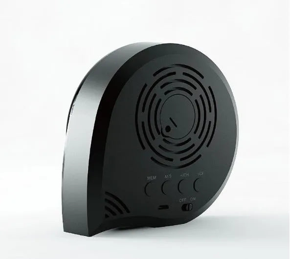 Black wireless weather forecast clock with outdoor sensor showing temperature and humidity on colour LED display