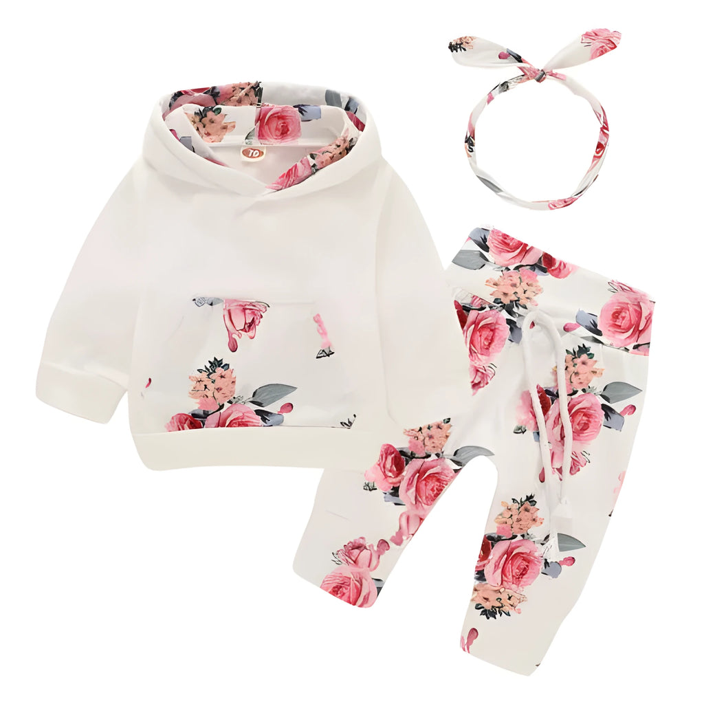 Newborn girl hooded cotton pantsuit set with print design and long sleeves
