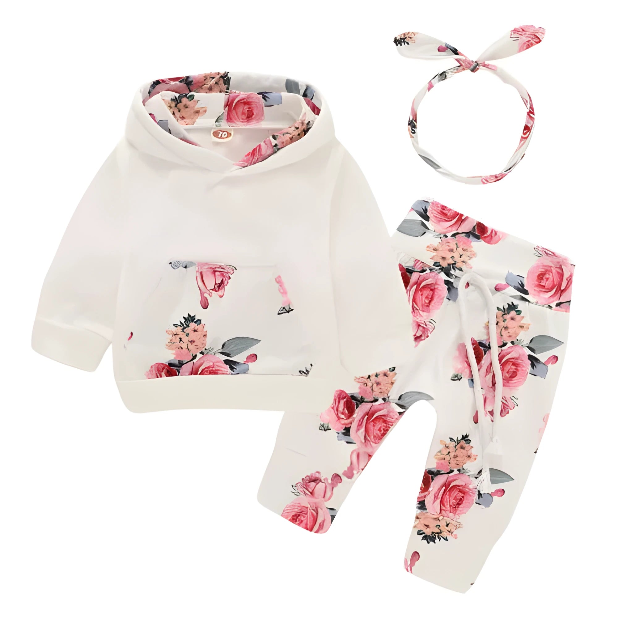 Newborn girl hooded cotton pantsuit set with print design and long sleeves