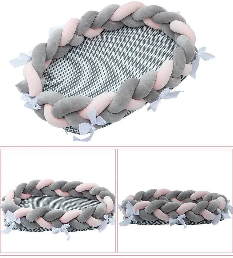 Woven twist baby bionic bed in cotton, shown in green, star, and yellow colour options.
