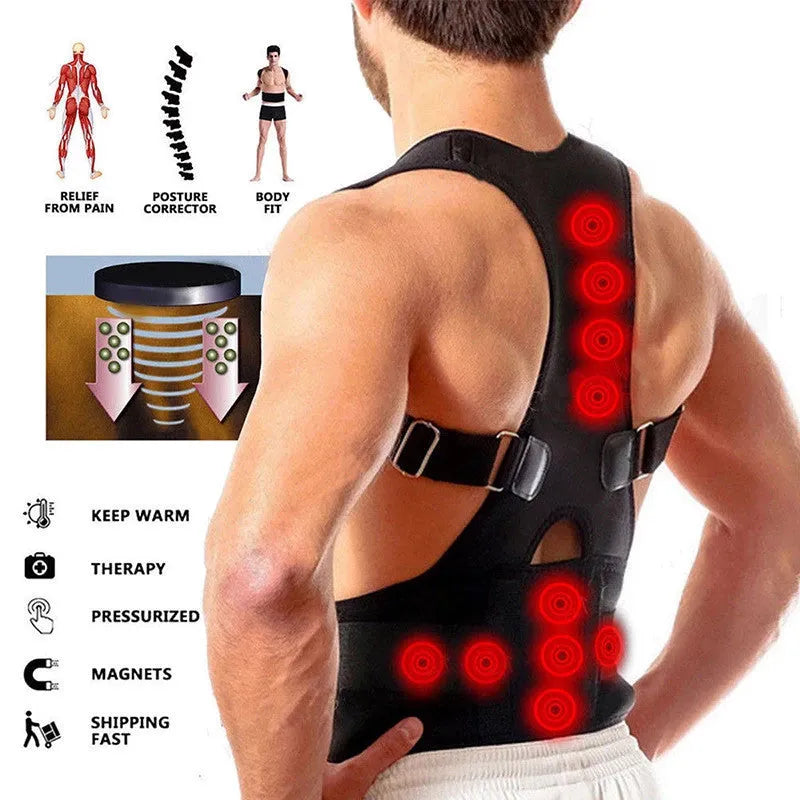 Kyphotone black back posture corrector with shoulder straps and waist belt on a plain background
