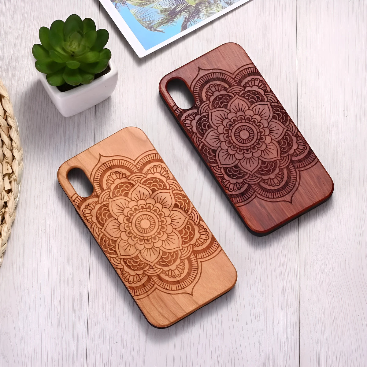Mandala Stick Wood TPU Phone Case for iPhone 11 Pro Max in brown with laser-carved wood pattern