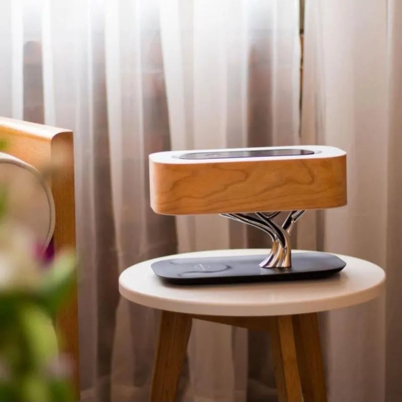 Creative Tree Light Table Lamp with Bluetooth speaker, wireless charger, natural cherry veneer lampshade, tree-shaped support