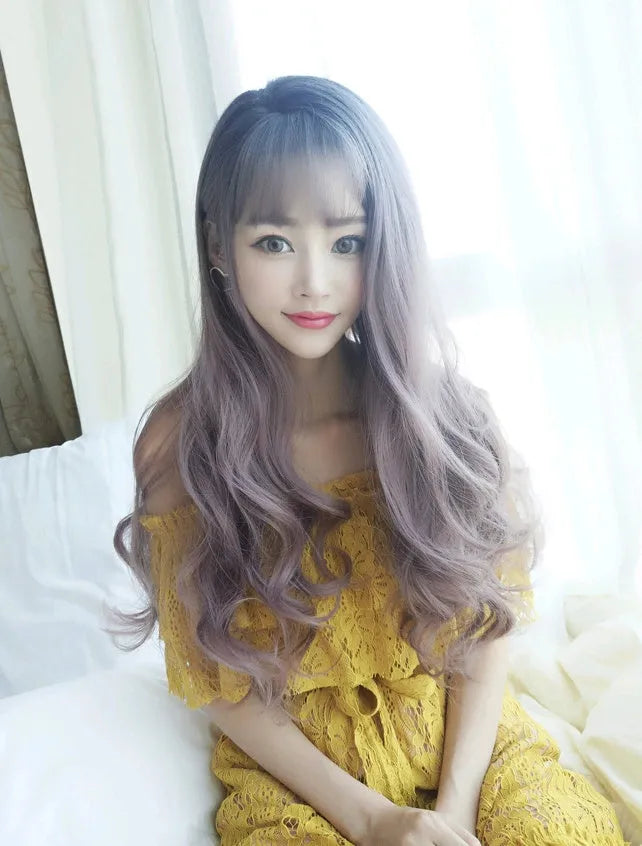 Long curly wig with air bangs, big wavy pear flower style, 62cm high temperature wire fibre, women's headgear