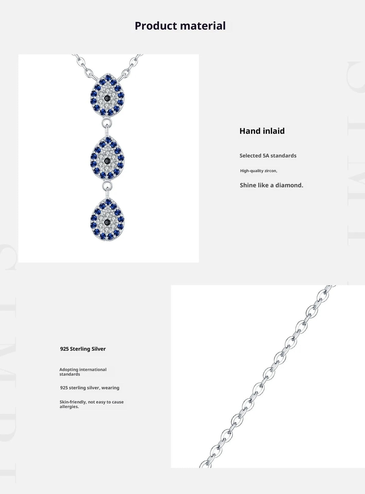 Sterling silver Y-shaped chain necklace with full diamond eye design, S925 colour, 41-50cm perimeter