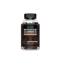 Container of 60 mushroom supplement gummies with soft candy texture and PET packaging