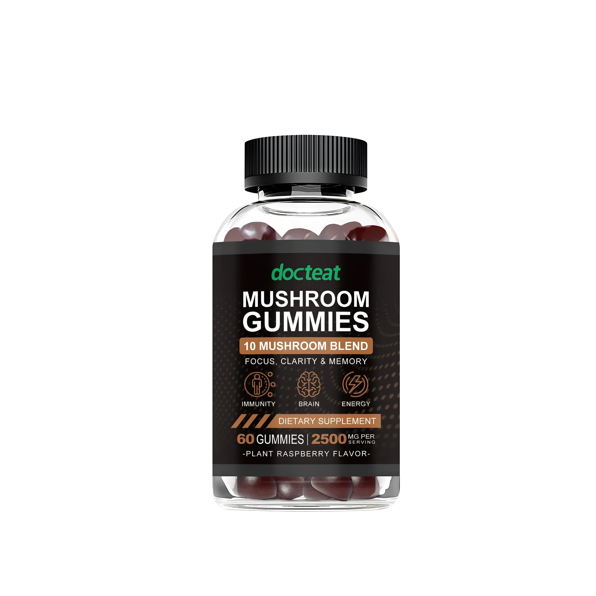 Container of 60 mushroom supplement gummies with soft candy texture and PET packaging