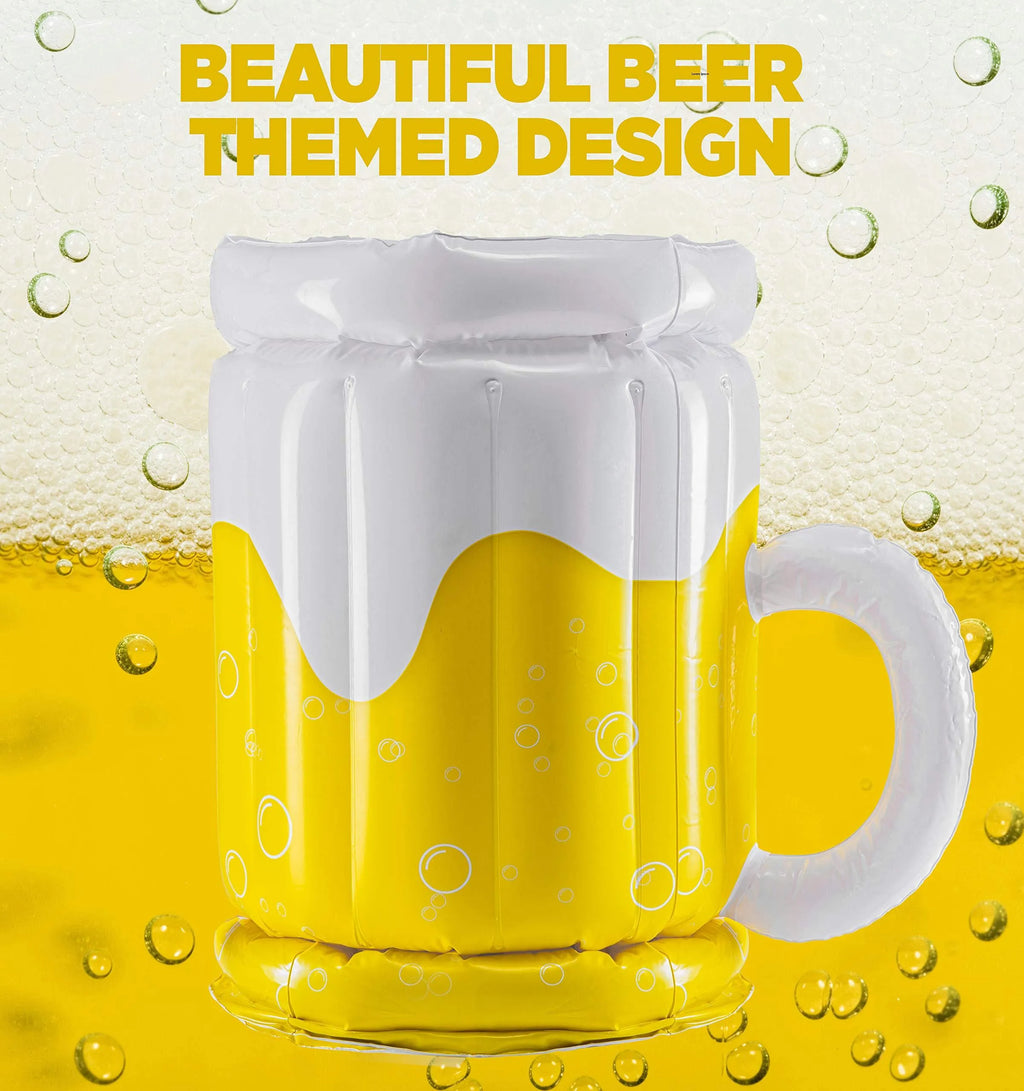 Yellow PVC inflatable beer mug shaped pool float cooler with drink holders