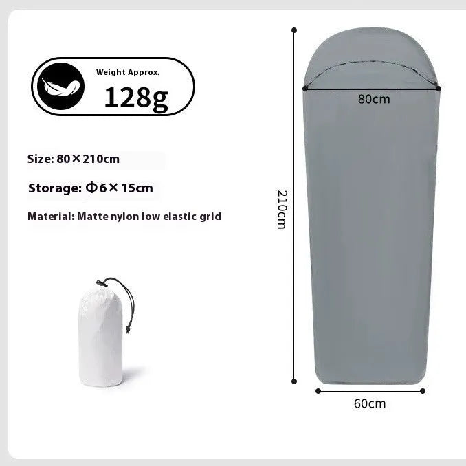 Blue lightweight nylon mummy sleeping bag for adult camping, shown with dimensions 210x80x60cm.