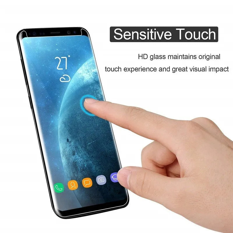 Tempered glass screen protector for Samsung Galaxy phones with black border and transparent edge options