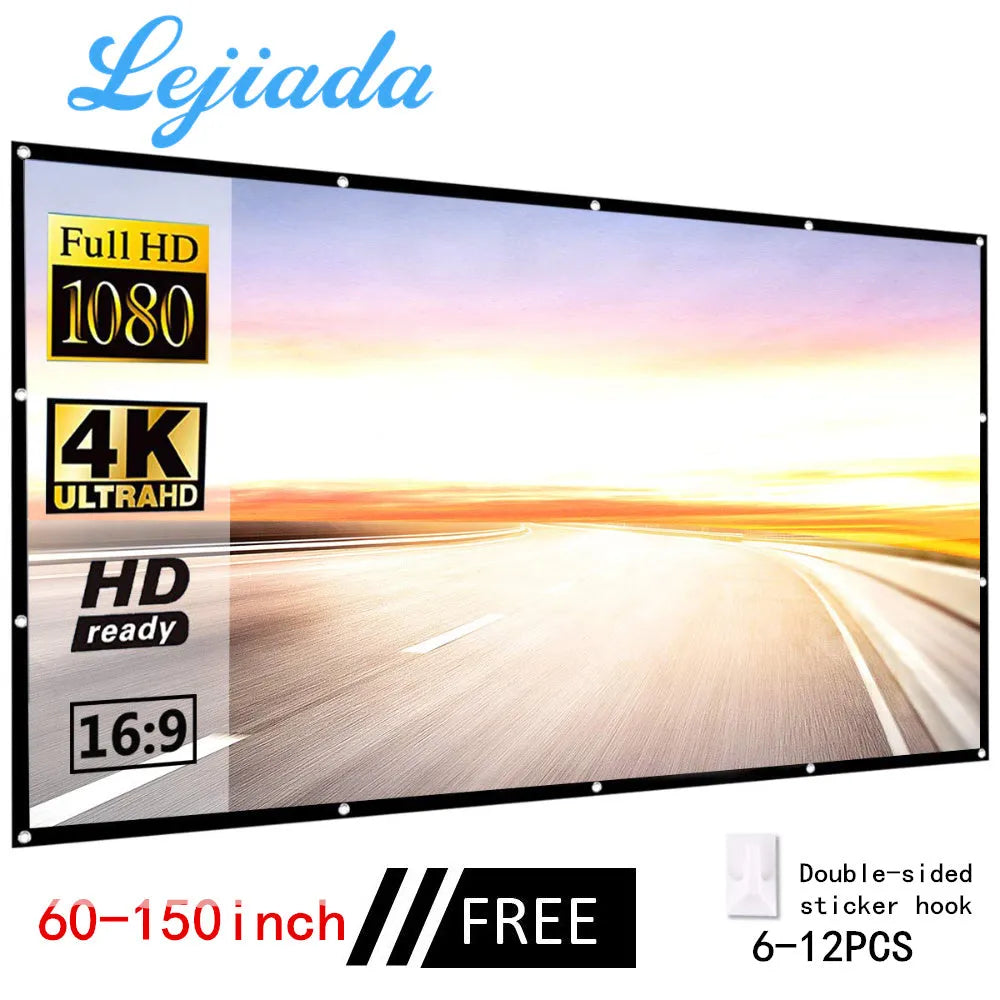 White foldable 16:9 projector screen in 60-150 inch sizes with hooks and 360 x 260mm packing size