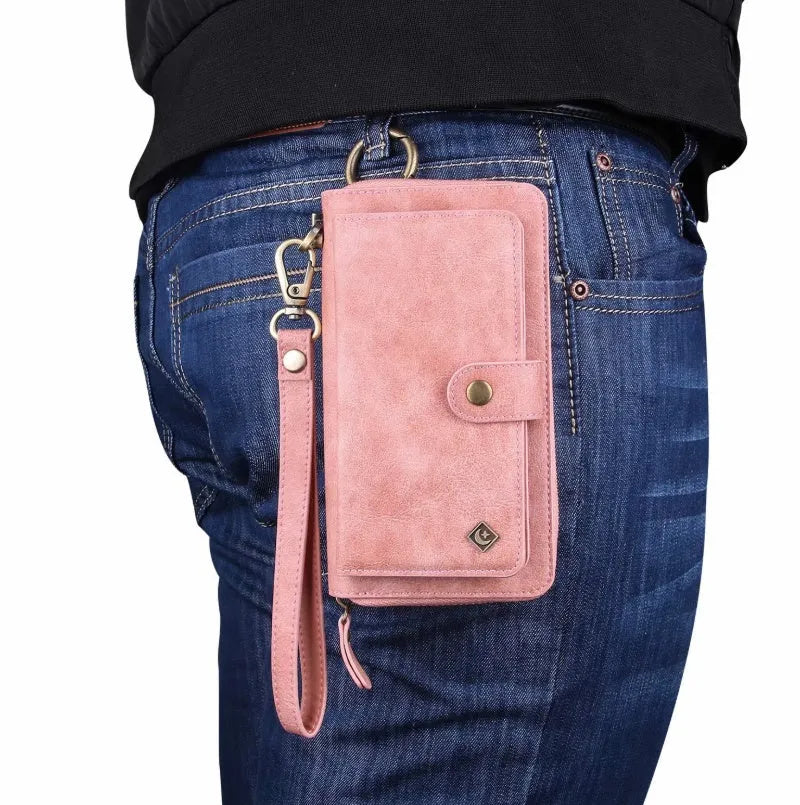Black PU leather mobile phone wallet case with zip closure, shown next to cards for Samsung and iPhone models.