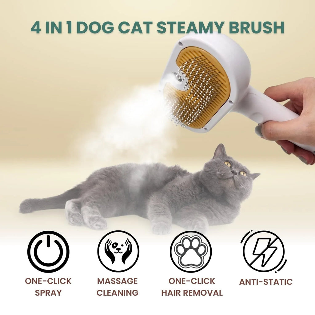 White pet grooming brush with built-in water tank and self-cleaning slicker head for dogs and cats.