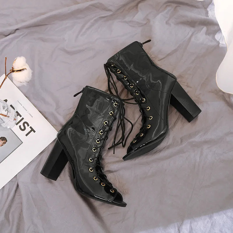 Denim high heels with thick heel above 8cm, peep toe, front tie, rubber sole, in Black, Blue, or Navy Blue
