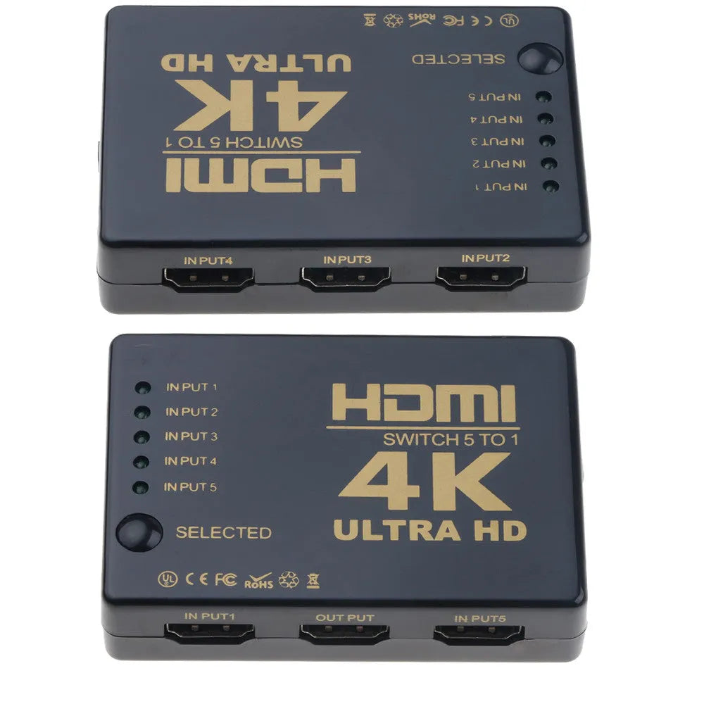 Black 5 in 1 out HDMI switcher with remote control and infrared cable