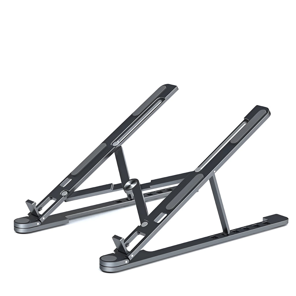 Foldable aluminium laptop stand in silver, shown open at an angle and folded flat.