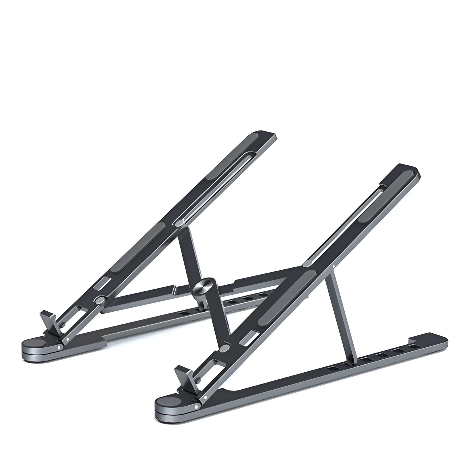 Foldable aluminium laptop stand in silver, shown open at an angle and folded flat.