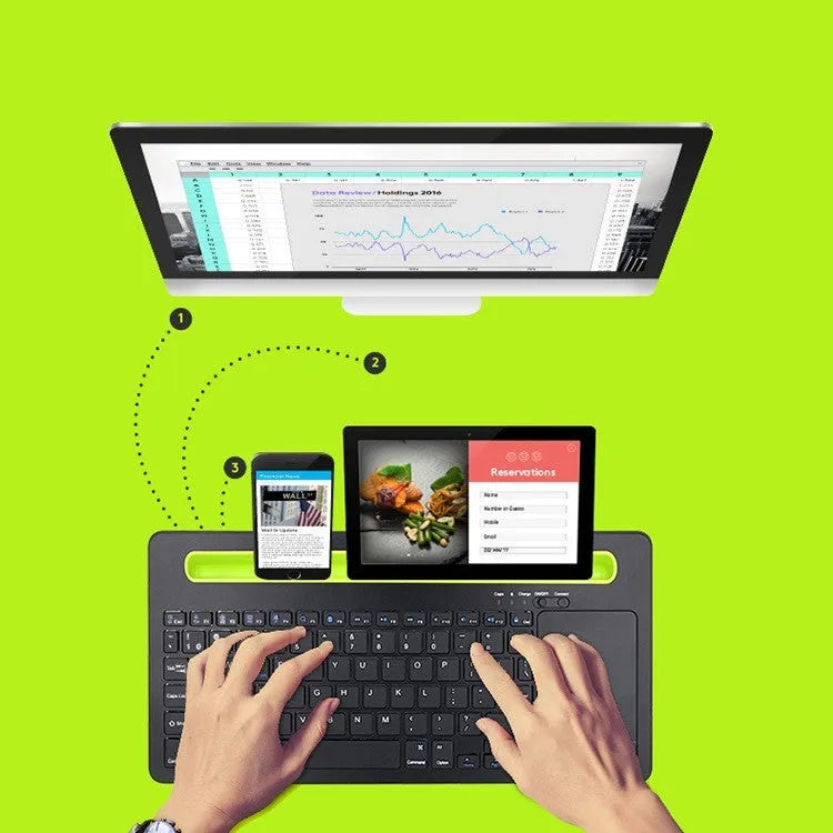 Black universal touch keyboard for tablet and phone with 78 keys, touchpad, Bluetooth 3.0, and ABS plastic body