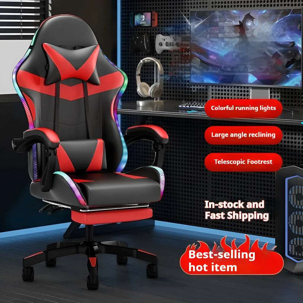 Adjustable reclining massage computer chair in leather with footrest and LED option, e-sports chair for home gaming and office