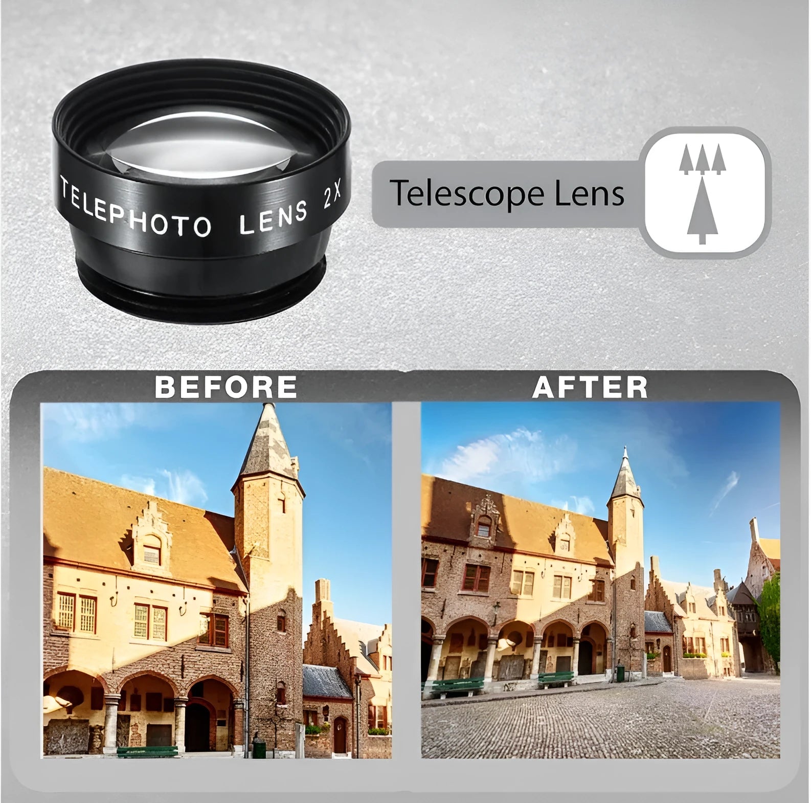 Universal 5-in-1 clip-on smartphone lens kit with fisheye, wide-angle, macro, telephoto, and CPL lenses on a black background.