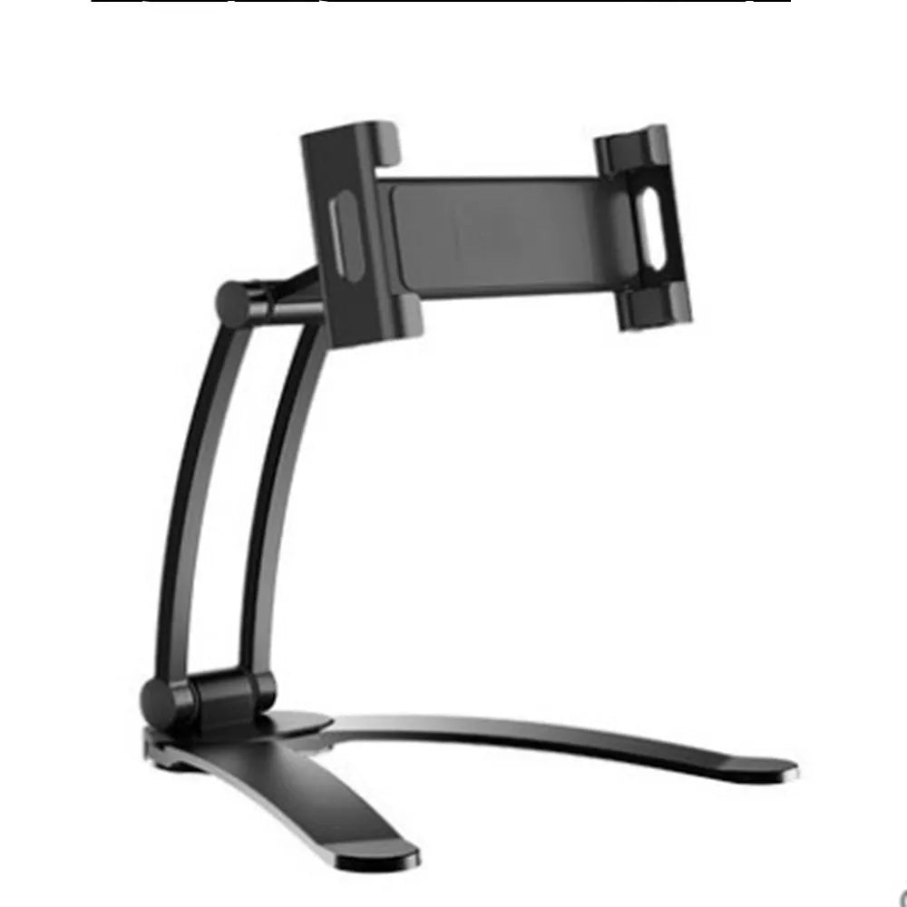 Silver aluminium alloy desktop stand holding a tablet at an angle, with adjustable clips and a white mounting base.
