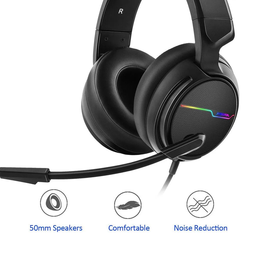Siberian V20 black gaming headset with 50mm speakers and 7 colour light vibration on a desk