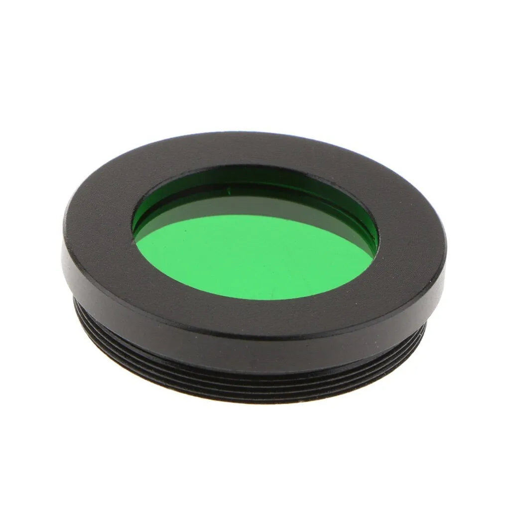 Set of six telescope eyepiece colour filters: green, blue, red, yellow, purple, black on white background