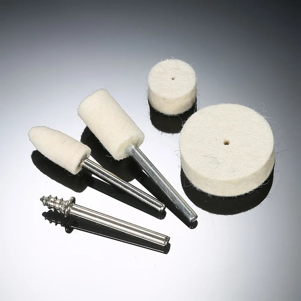 White wool and felt polishing wheel kit with 129 pieces including handles and abrasive wheels for rotary tools