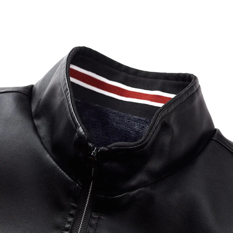 Men's leather casual jacket with stand-up collar and zip front, polyester lining, blue or red, sizes L-4XL