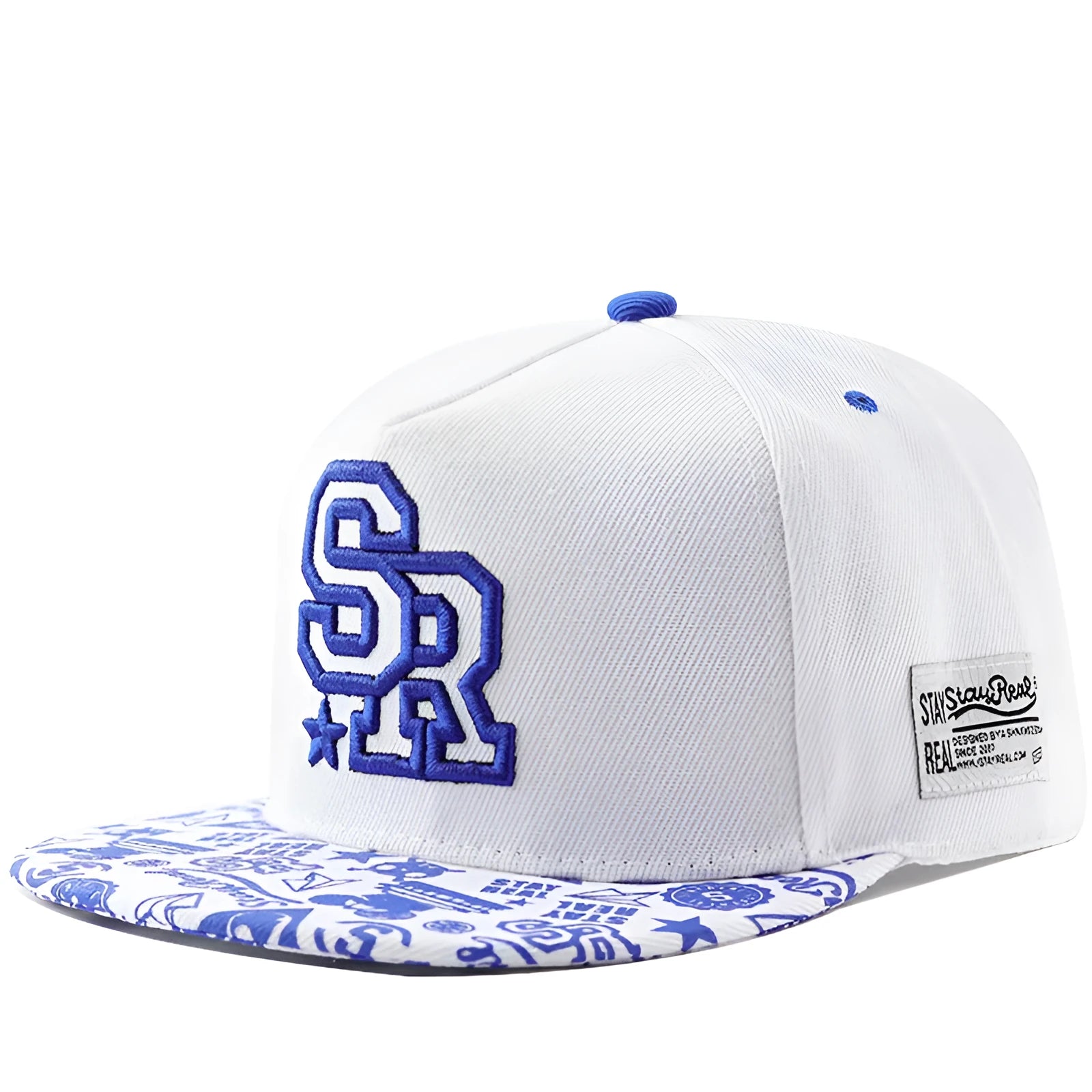 A black cotton baseball cap with embroidered lettering on the front, showing the adjustable strap at the back.
