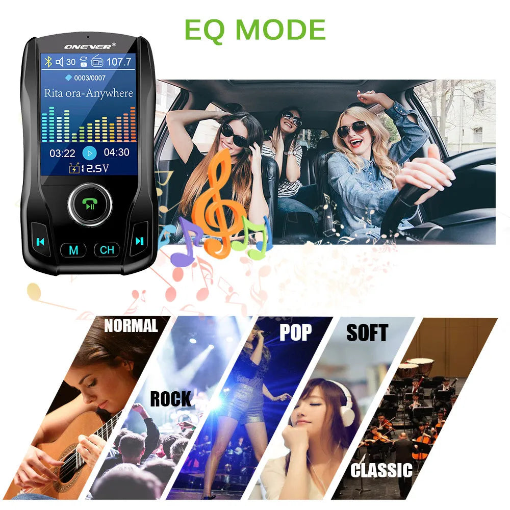 Black car Bluetooth FM transmitter with colour screen and dual USB ports for charging Apple and Android devices