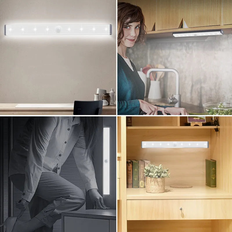 Aluminium magnetic LED closet light strip with motion sensor, shown in cold white and warm white.
