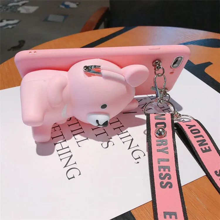 Cute bear coin purse phone case with lanyard in pink colour for iPhone showing 3D bear design