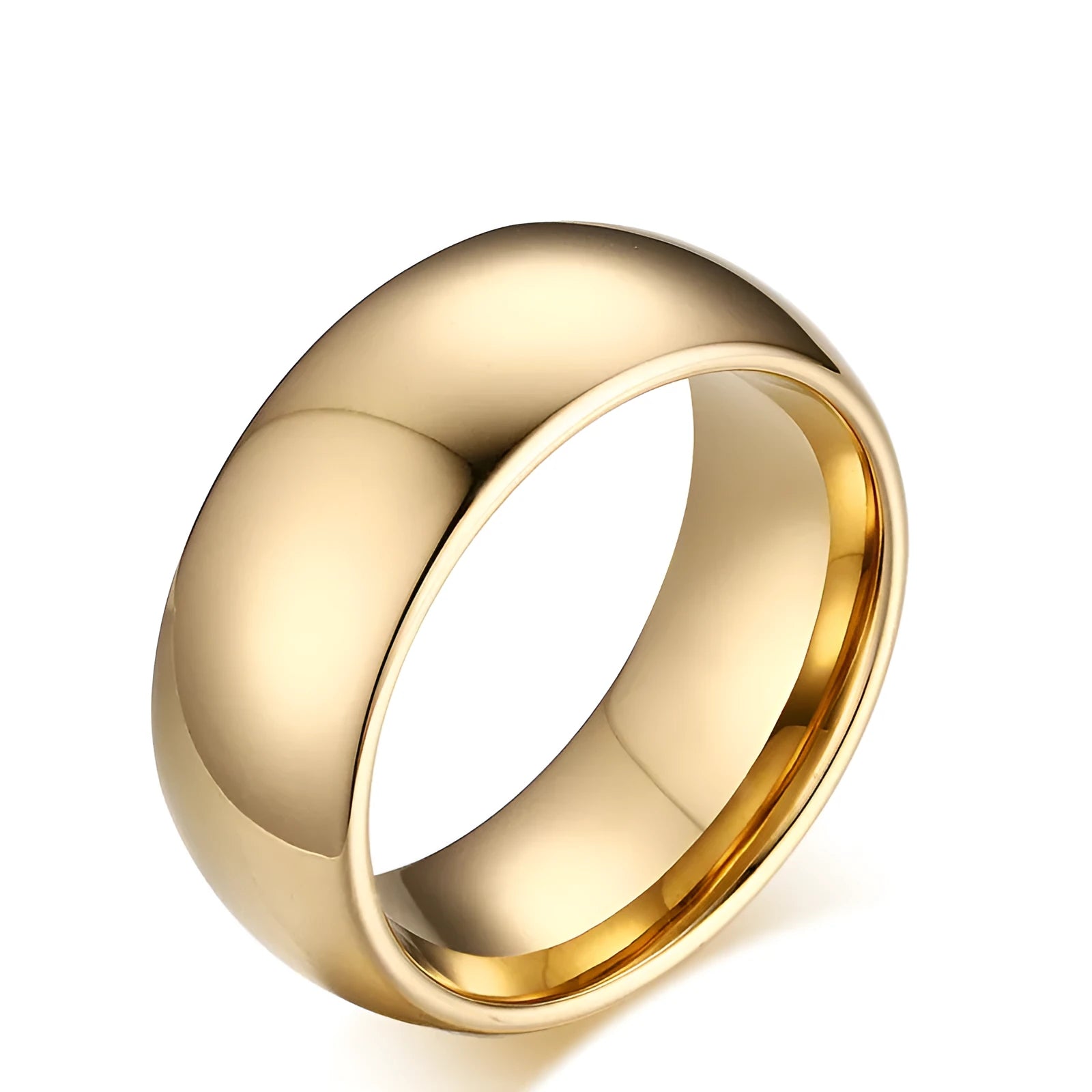 Gold tungsten carbide signet ring on display showing unisex design and metallic finish