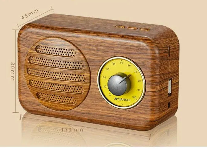 Portable Bluetooth speaker with FM radio in wood colour finish showing front speaker grille and control buttons