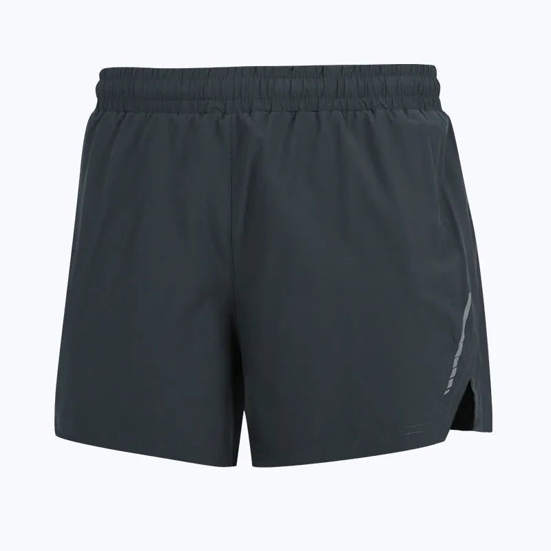 Casual grey quick-drying polyester running shorts for men and women on a size chart.