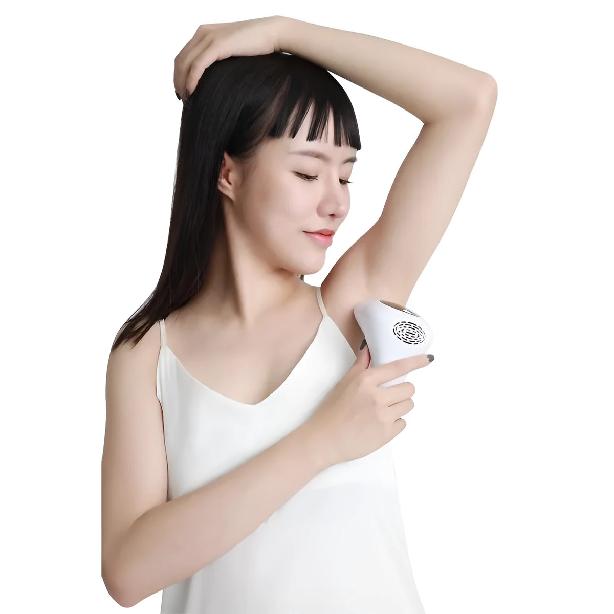 Compact laser hair removal device with 999999 flashes and 1-8 power levels, shown in green, with skin rejuvenation and acne reduction features.