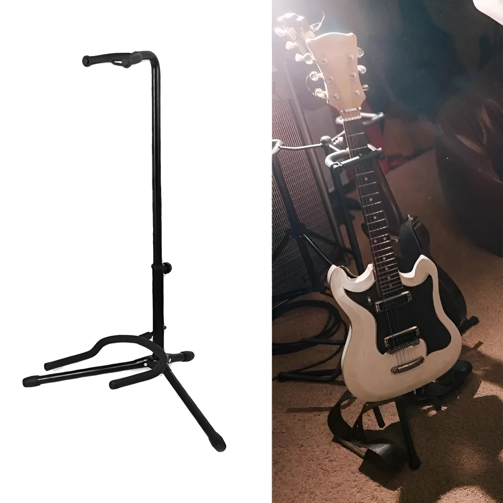 Black metal foldable guitar stand with rubber instrument contact points