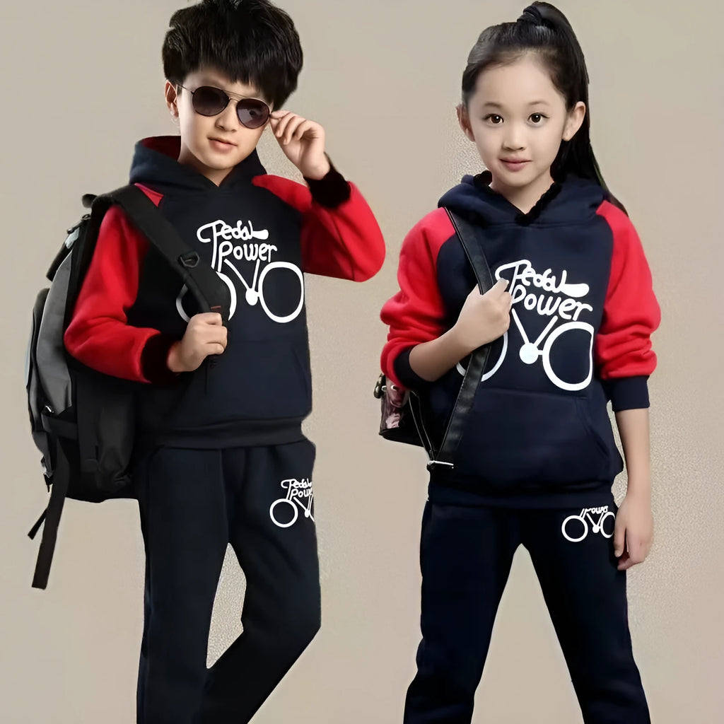 Korean-style two-piece sports suit for older kids in black, red, or red wine colours with printed design